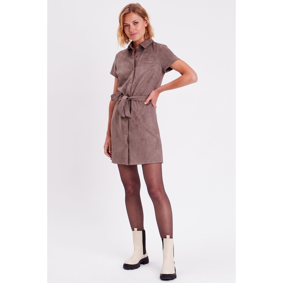 Robe droite ceinturée suédine taupe, CACHE CACHE