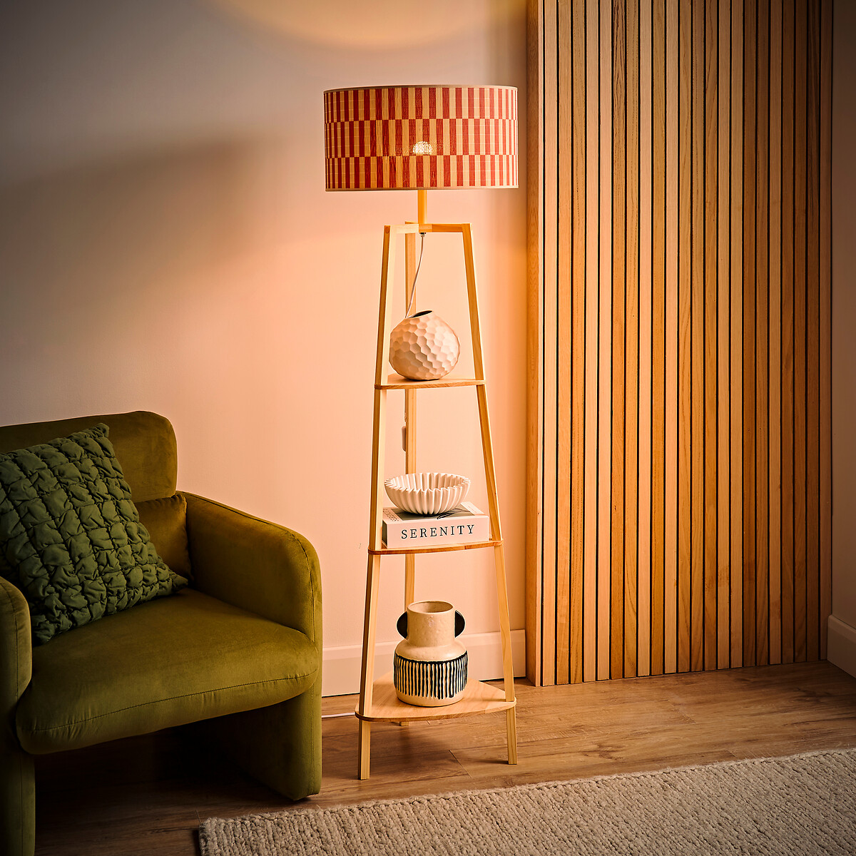 Hollis 3-Tier Shelf Tripod Floor Lamp with Orange Bamboo Shade orange, SO'HOME