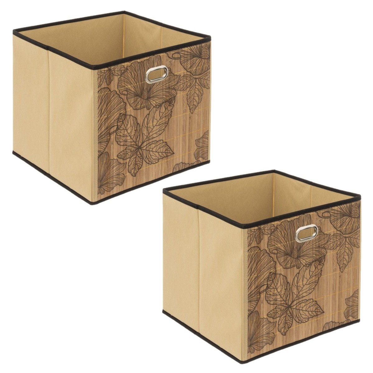 Lot de 2 boîtes de rangement cubes en bambou à motifs fleurs BLACKFLORA marron, TOILINUX