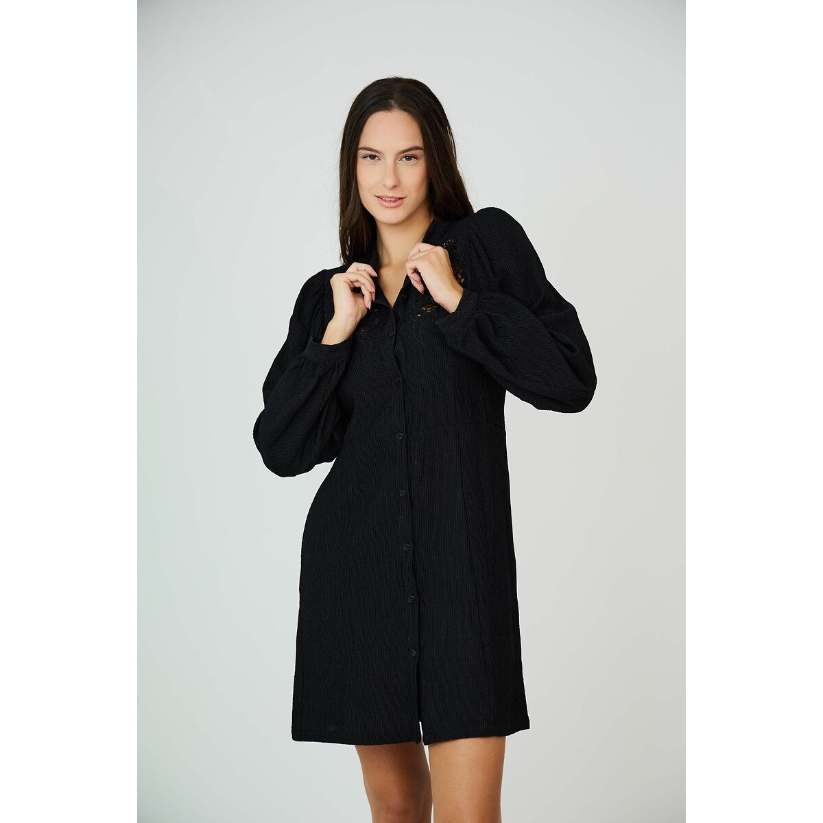 Cotton Openwork Mini Dress with High Neck and Long Sleeves black, SEE U SOON