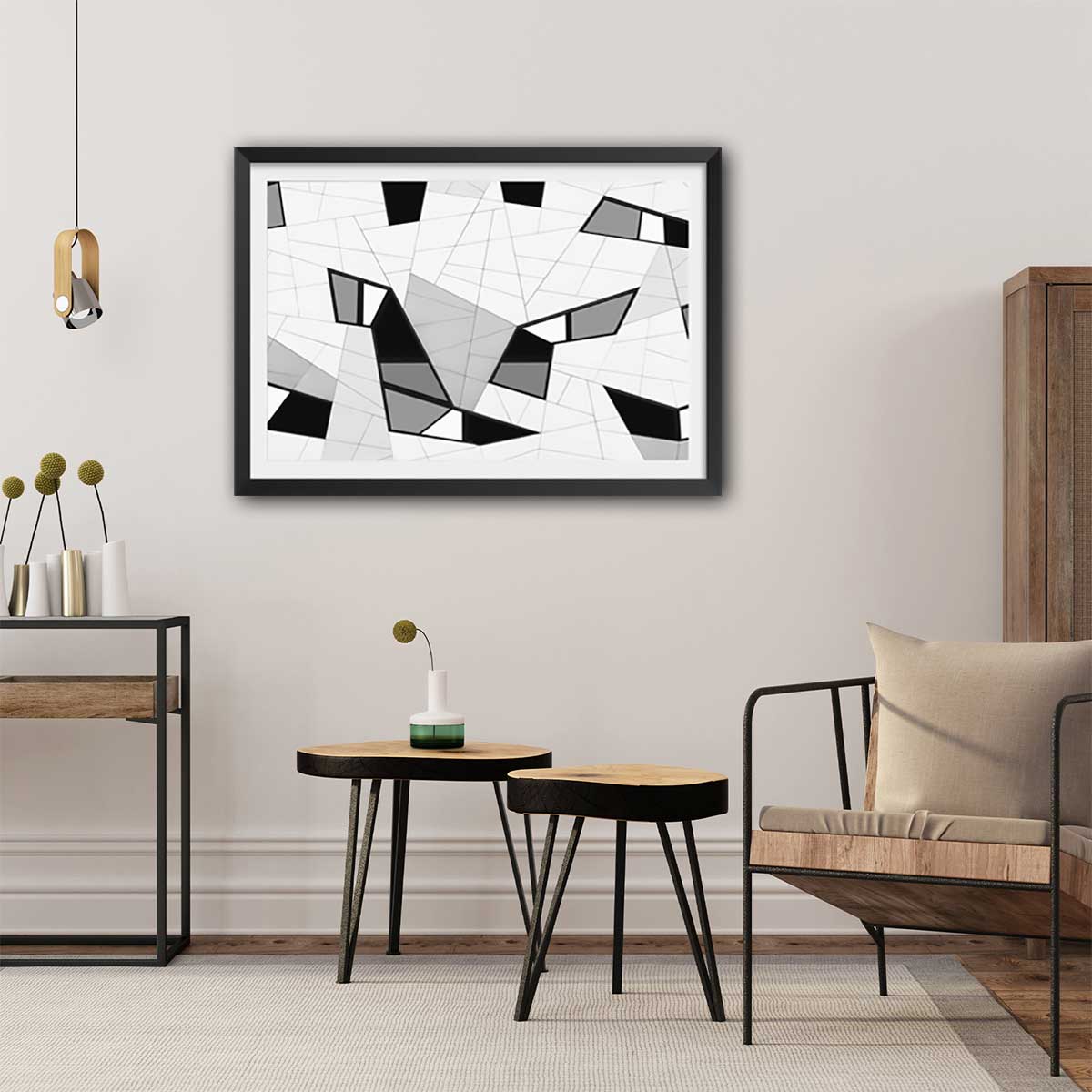 Affiche design detail puzzle affiche + cadre en bois - noir, HEXOA