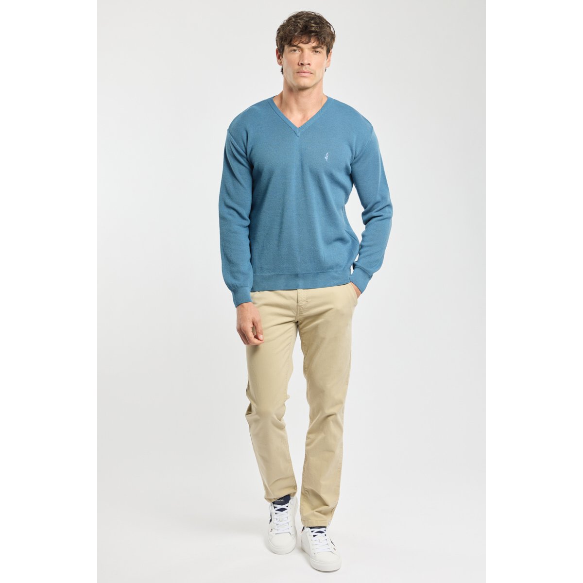 Pull col V Bérac - laine teal, GUY DE BERAC
