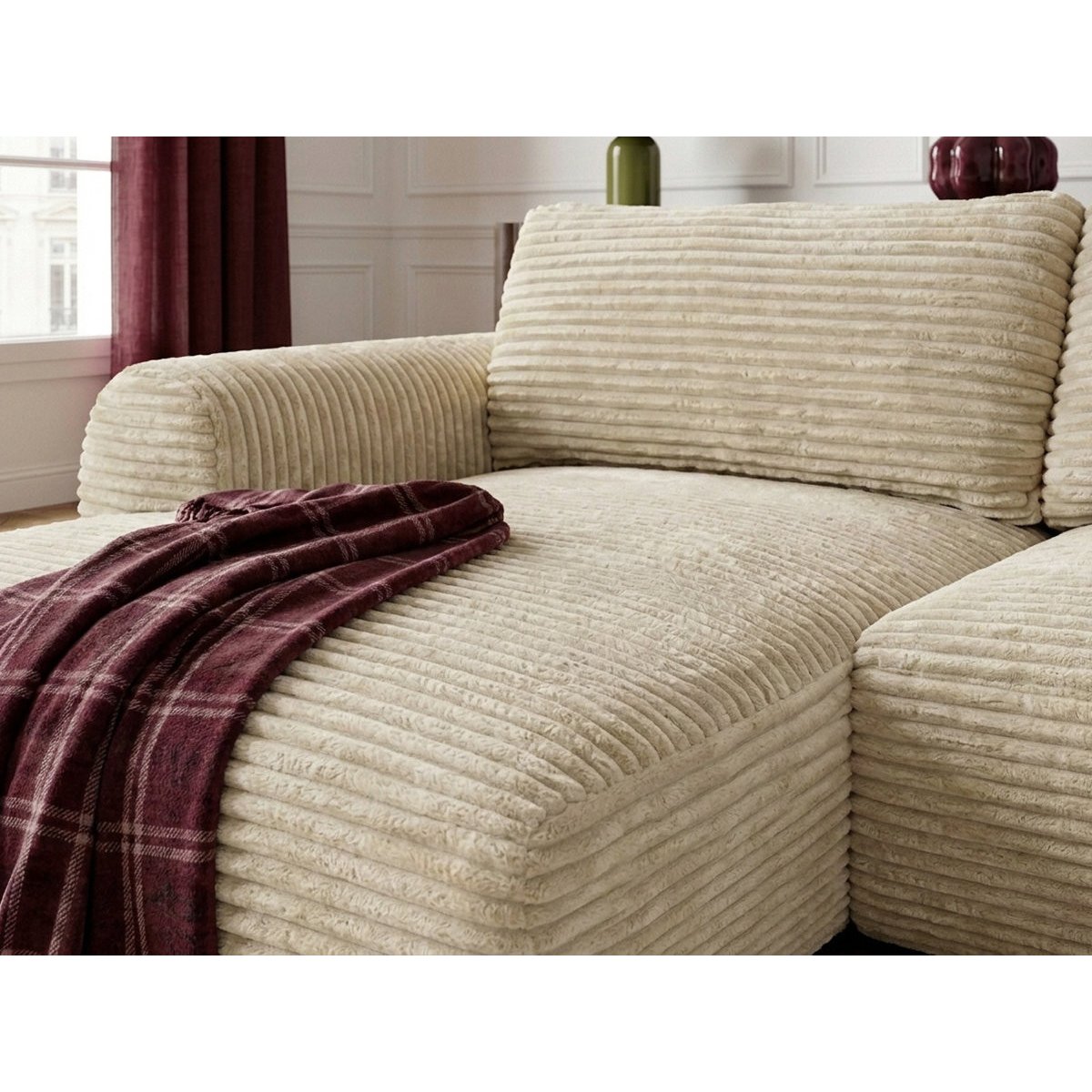 Canapé d'angle convertible 2,5 places en gros côtelé doux, LUCIEN beige, BOBOCHIC