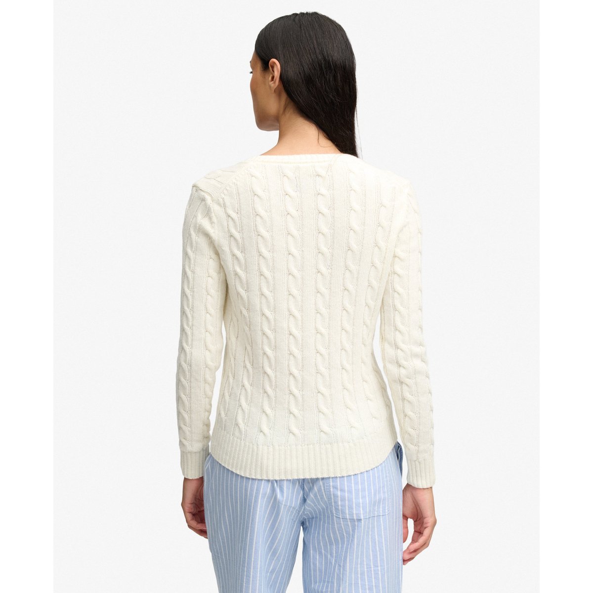 Pull Col V en Maille Torsadée Mélange de Laine crème, SUPERDRY