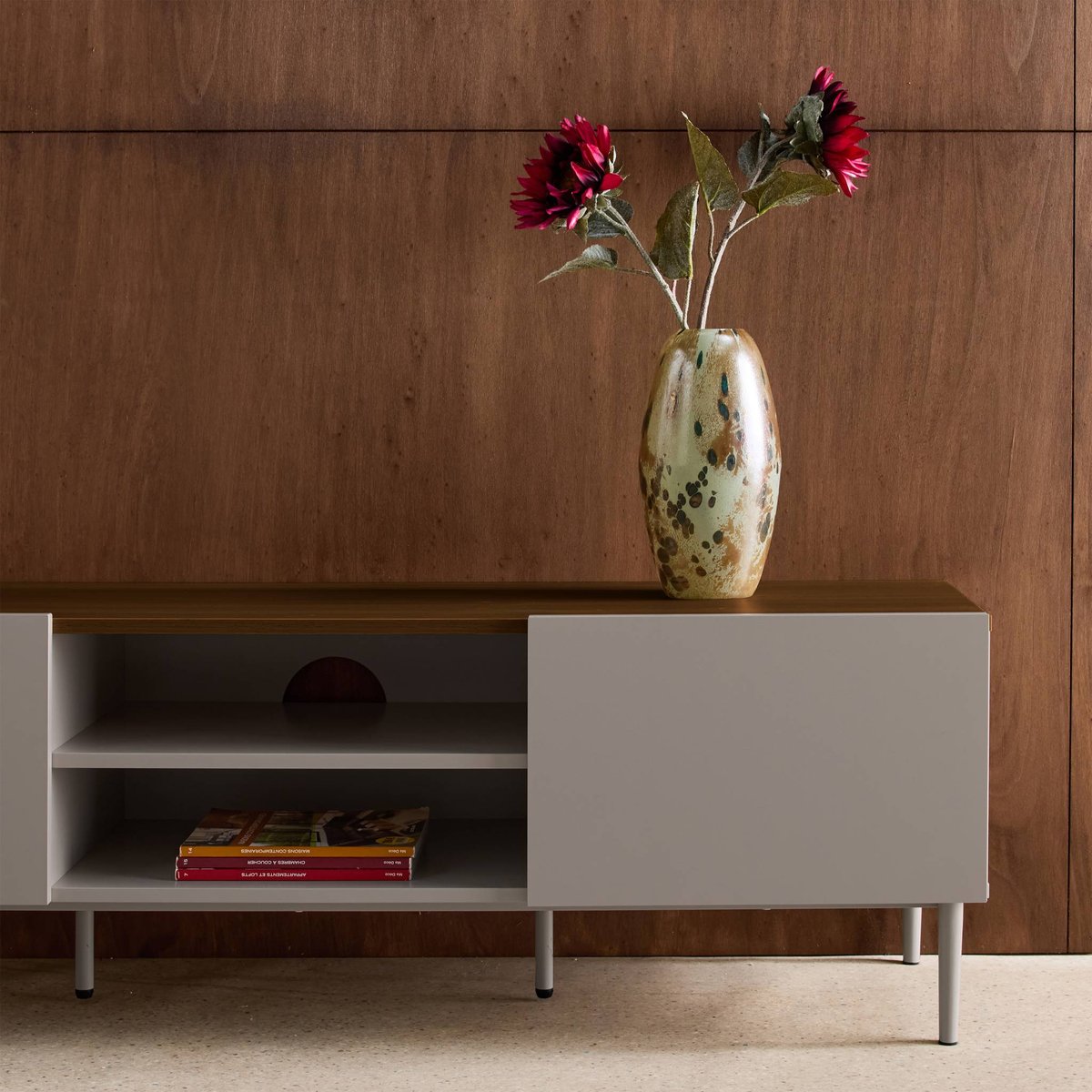 Meuble TV décor bois piétement métal 2 portes 140cm ASHTON gris, SWEEEK