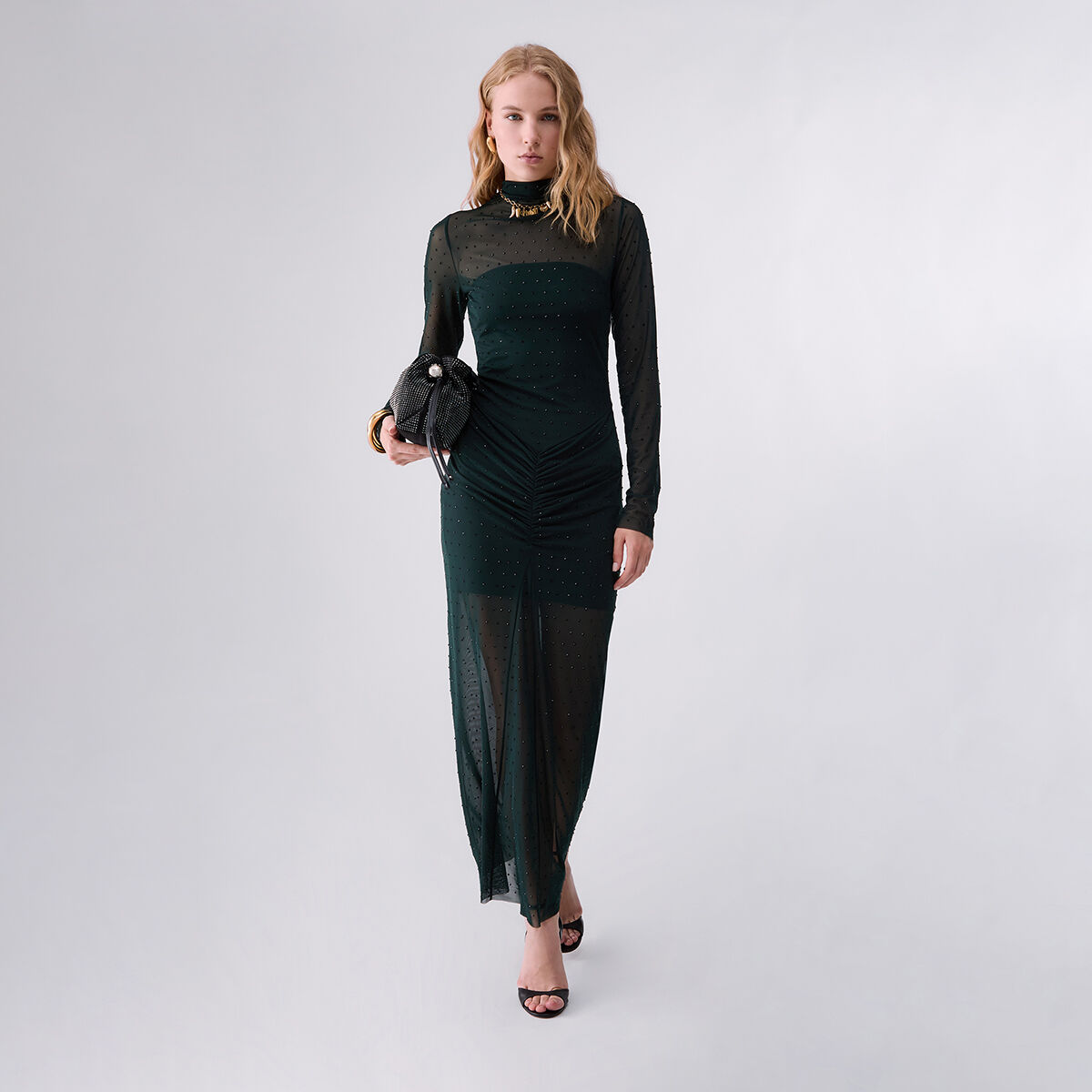 Robe longue en tulle avec strass vert foncé, LIU JO