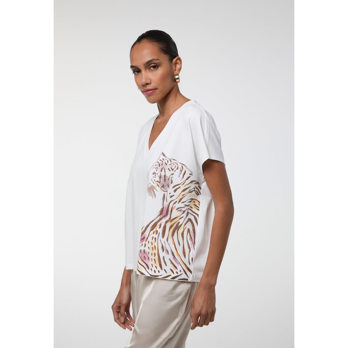 T-shirt à manches courtes à motif animal strassé blanc, LOLA CASADEMUNT