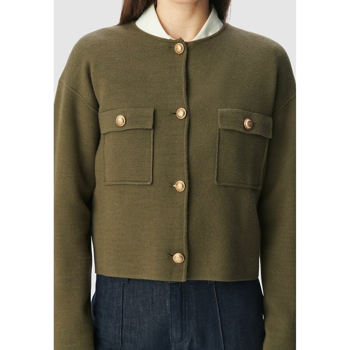 Crew Neck Cardigan with Pockets dark khaki, IKKS