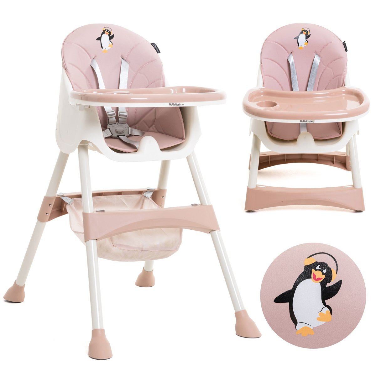 Chaise Haute Bébé Evolutive -dès 6 mois jusqu’à 20kg -Disco Pinguin - hauteur réglable - rose couleur unique, BEBELISSIMO J'AIME