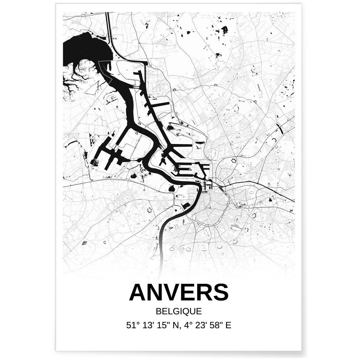 Affiche carte Anvers - rectangle Noir et Blanc blanc, L'AFFICHERIE
