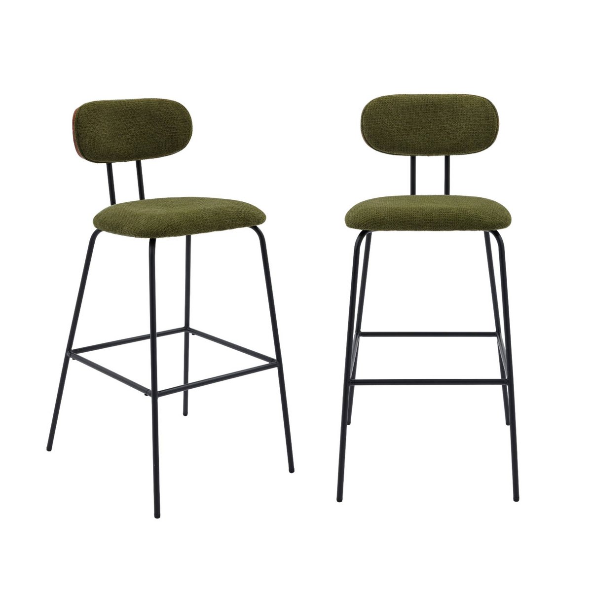 Tabouret de bar décor bois courbé teinté noyer et tissu déperlant pieds métal noir 76,5cm (lot de 2) ERIN kaki, SWEEEK