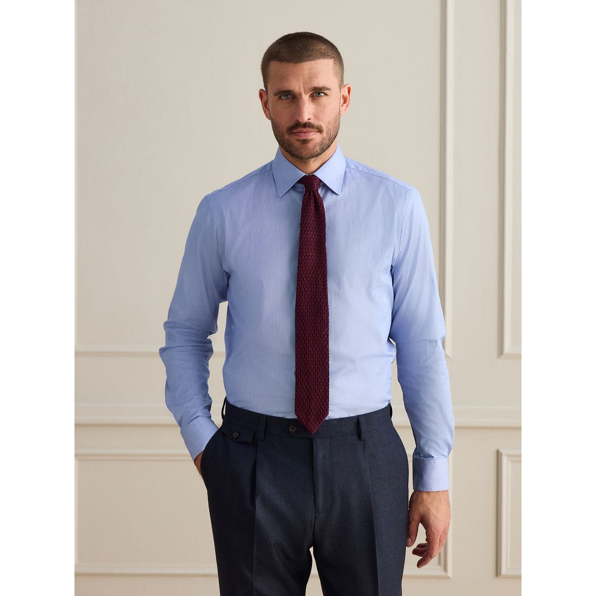 Chemise slim habillée/cravate maille bordeaux signature bleu, NEXT