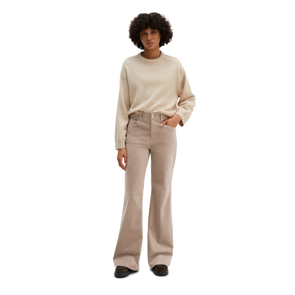 Pantalon en velours à coupe évasée en coton bio extensible beige, MARC O'POLO