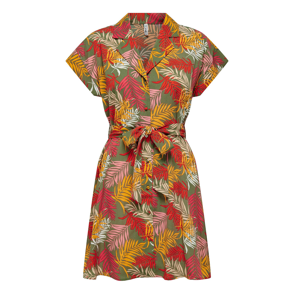 Robe chemise, à nouer imprimé fond vert, ONLY