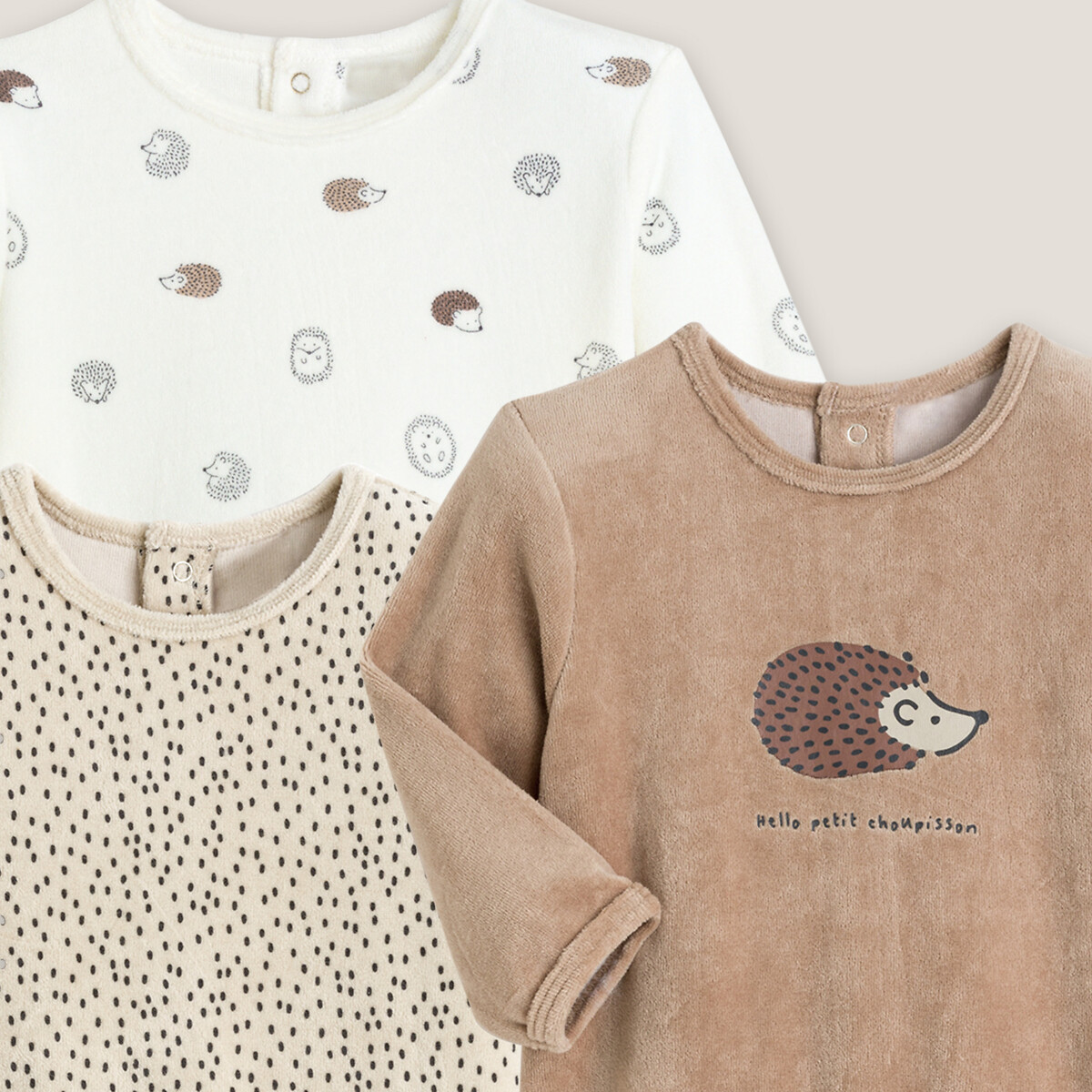 Pack of 3 Pyjamas in Velour beige/brown, LA REDOUTE COLLECTIONS