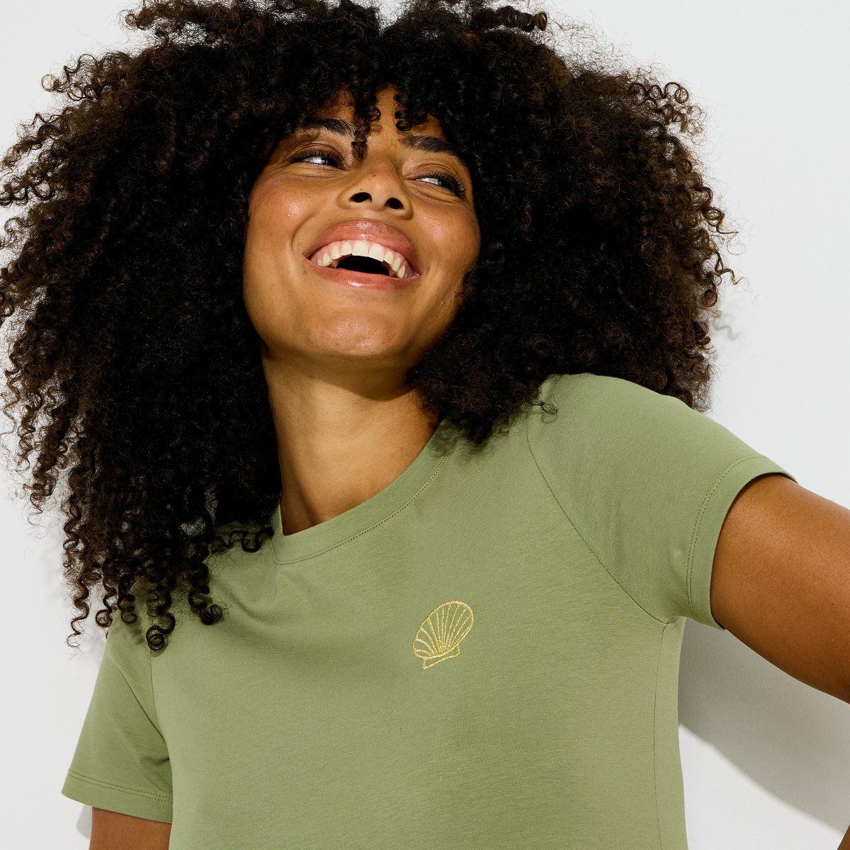 Robe t-shirt courte broderie coquillage vert kaki, GRAIN DE MALICE