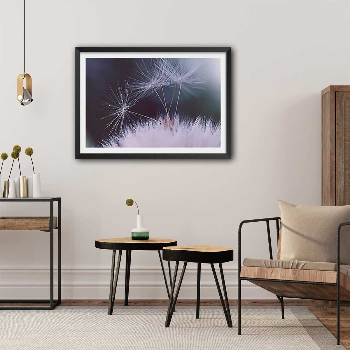 Affiche fleurs dandelion seeds affiche + cadre en bois - noir, HEXOA