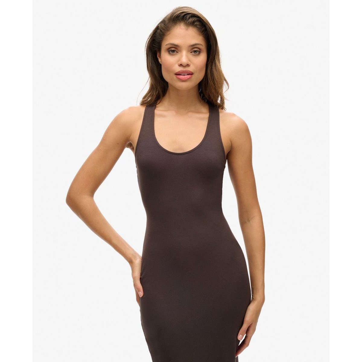 Robe mi-longue en jersey à encolure dégagée chêne marron foncé, SUPERDRY