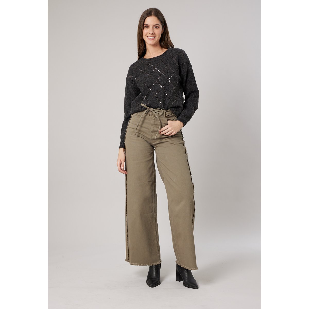 Pull femme maille douce motif losanges à sequins VANESS grey mel, DEELUXE