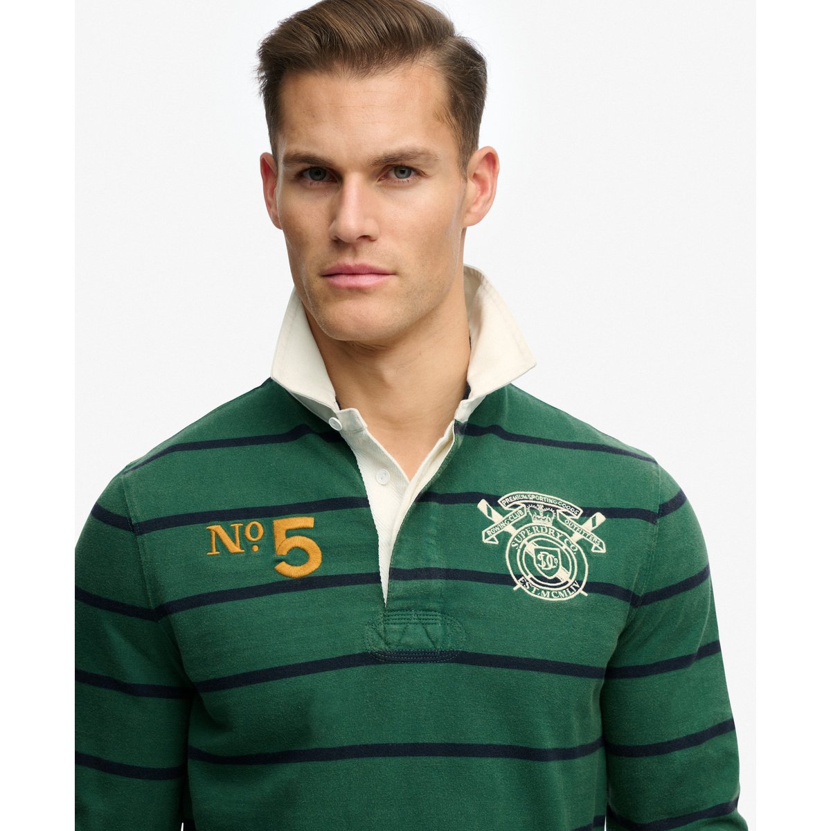 Polo de Rugby Double Emblem à Rayures rayé vert chasseur, SUPERDRY