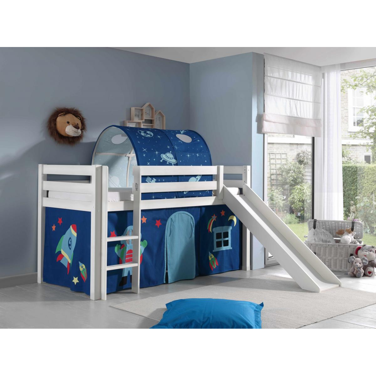PINO Lit mezzanine avec toboggan + Space rideau et tunnel de lit + 3 pochettes couleur unique, VIPACK