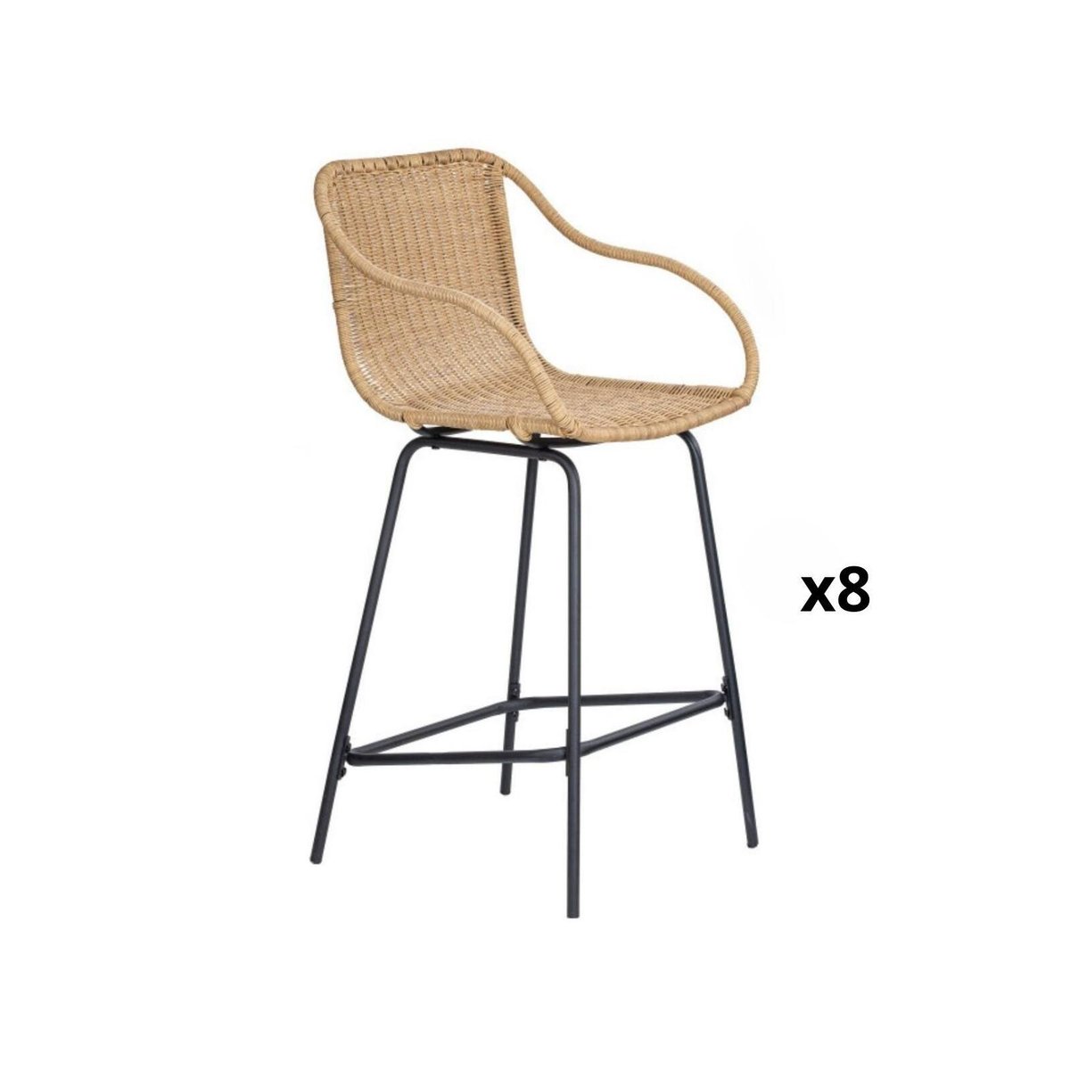 Lot de chaises d'ilot et bar en métal et assise en rotin 65cm MOOREA | Lot de 8 naturel, MOB IN
