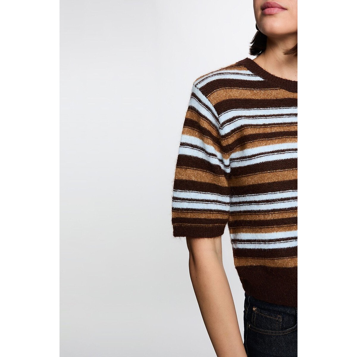 Jersey con cuello redondo de punto fino rayas marrón, MORGAN