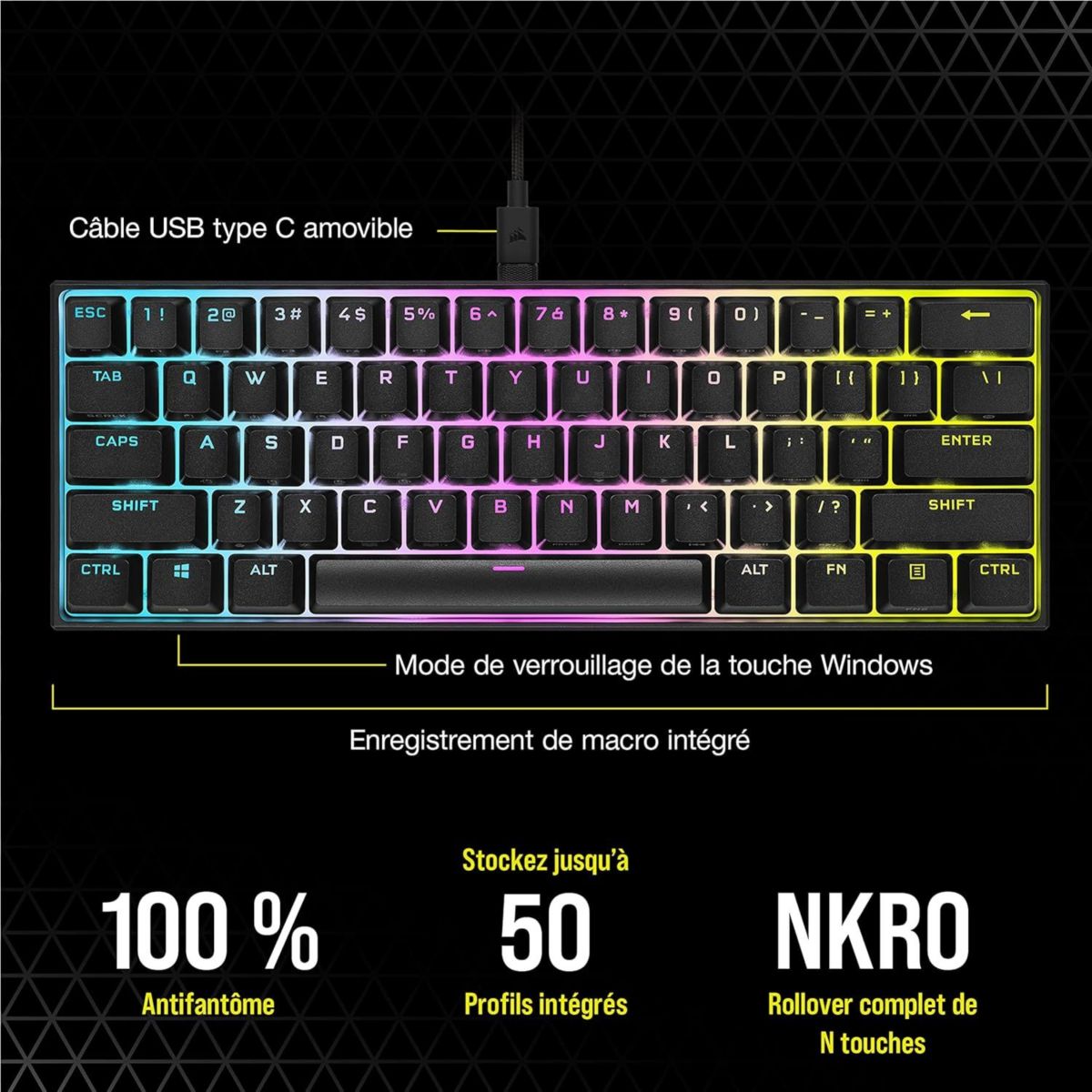 Clavier gamer K65 RGB MINI CHERRY MX Red Noir noir, CORSAIR