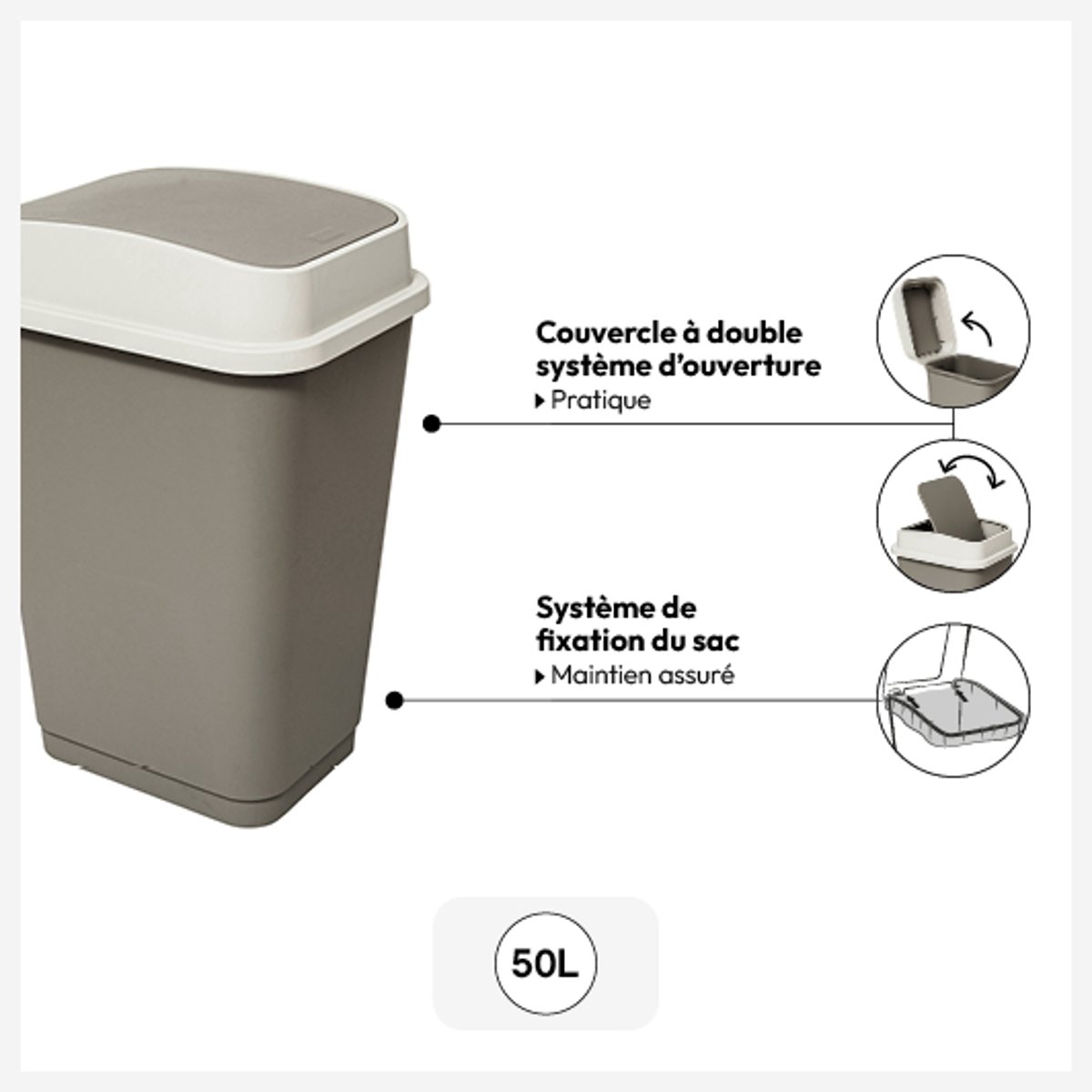 Poubelle de cuisine 50L beige, 5FIVE SIMPLY SMART