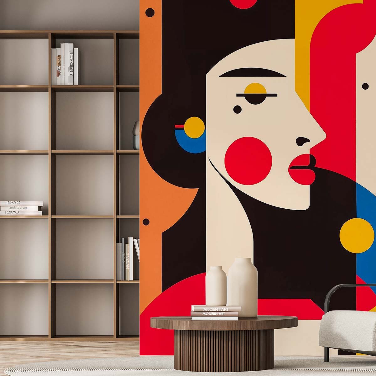 Papier peint portrait féminin pop art géométrique coloré multicolore, HEXOA