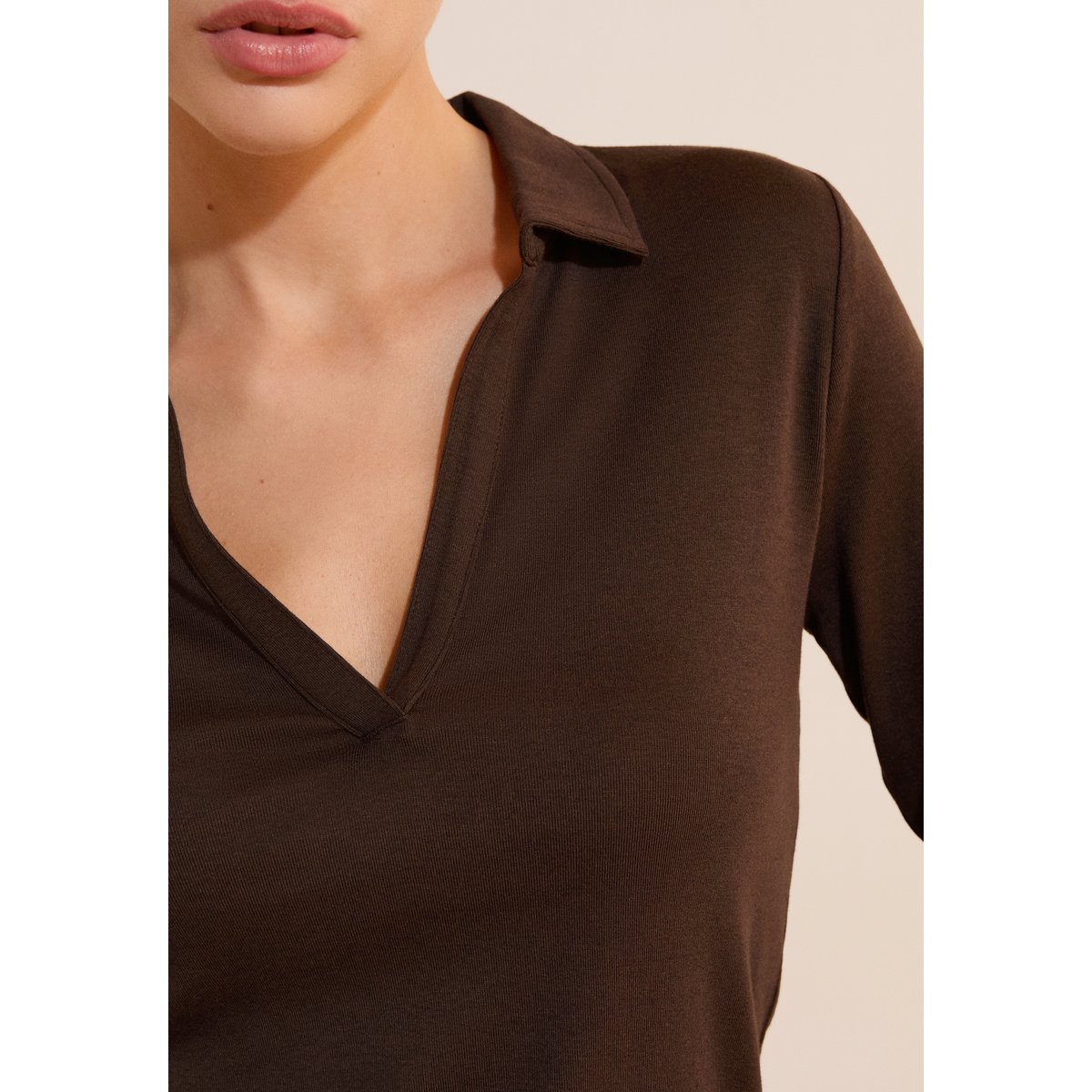 T-shirt col polo en coton modal TANDEM POLO chocolat, ETAM