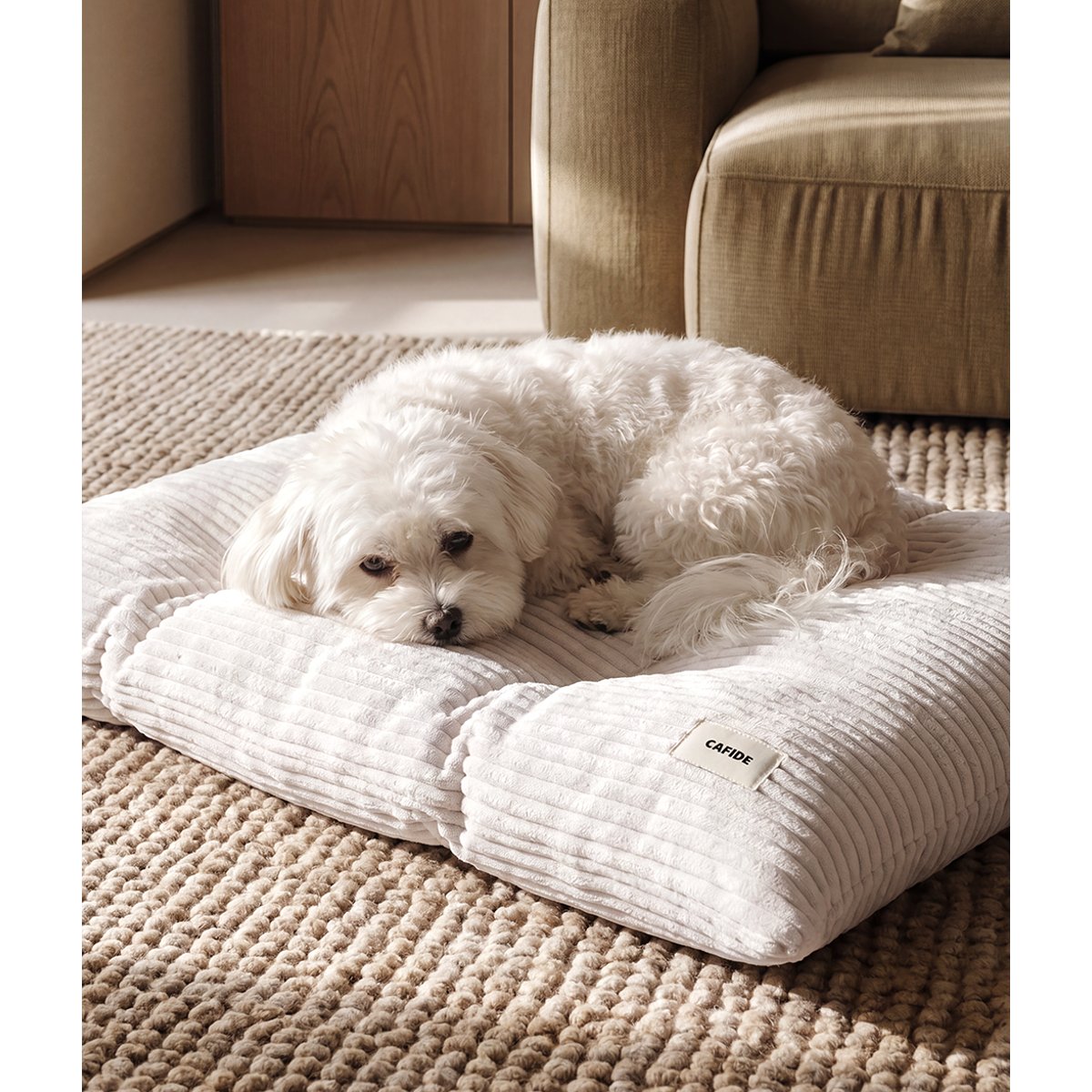 Coussin de lit pour chien en velours côtelé, BELA blanc, CAFIDE