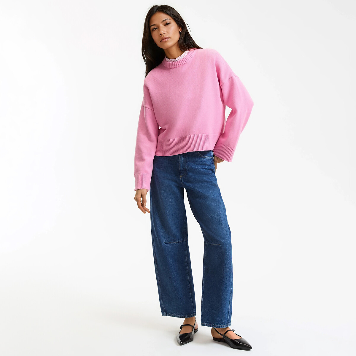 Pull col rond, en laine et coton mélangés rose, LA REDOUTE COLLECTIONS