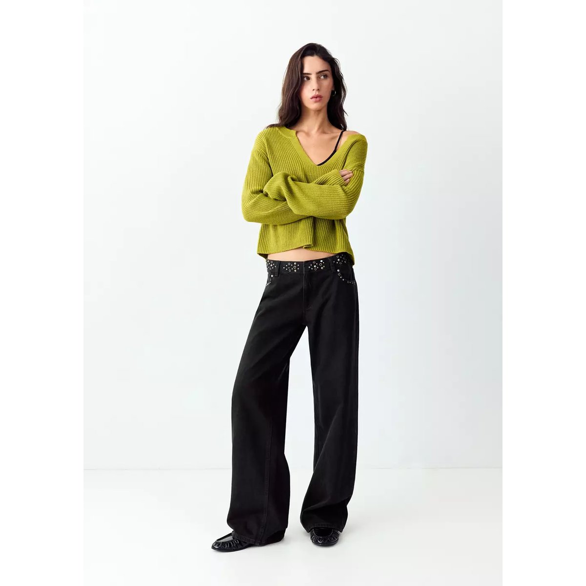 Jean taille basse avec œillets à la ceinture black denim, MANGO TEEN