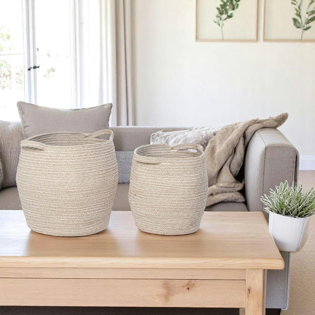 Panier de rangement en coton forme jarre avec poignées (lot de 2) beige, PIER IMPORT