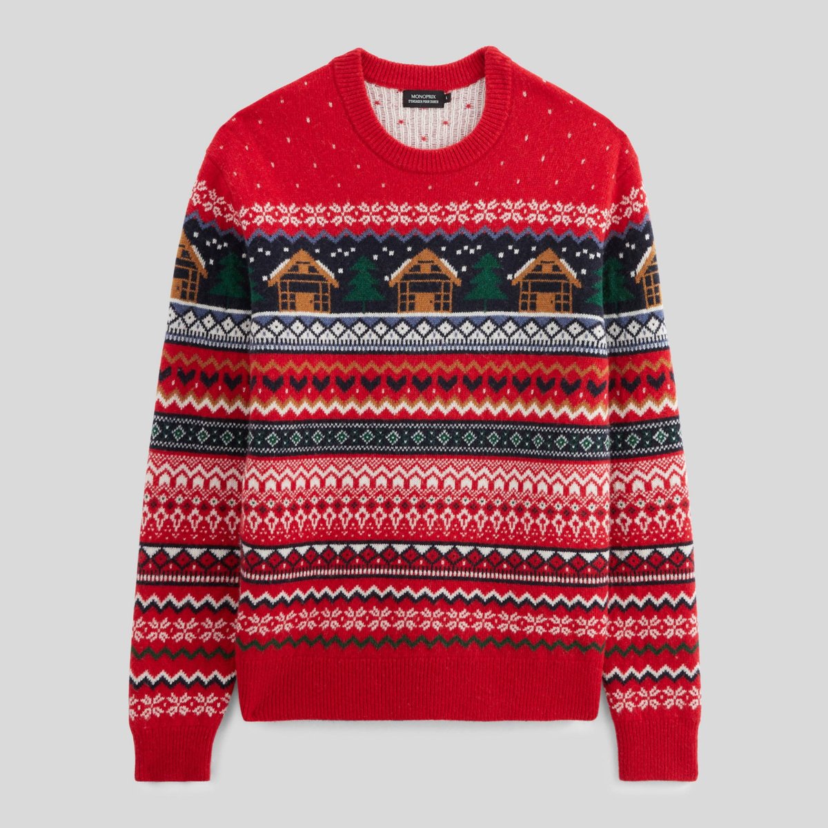 Pull col rond jacquard de noël contenant de la laine reveillon, MONOPRIX