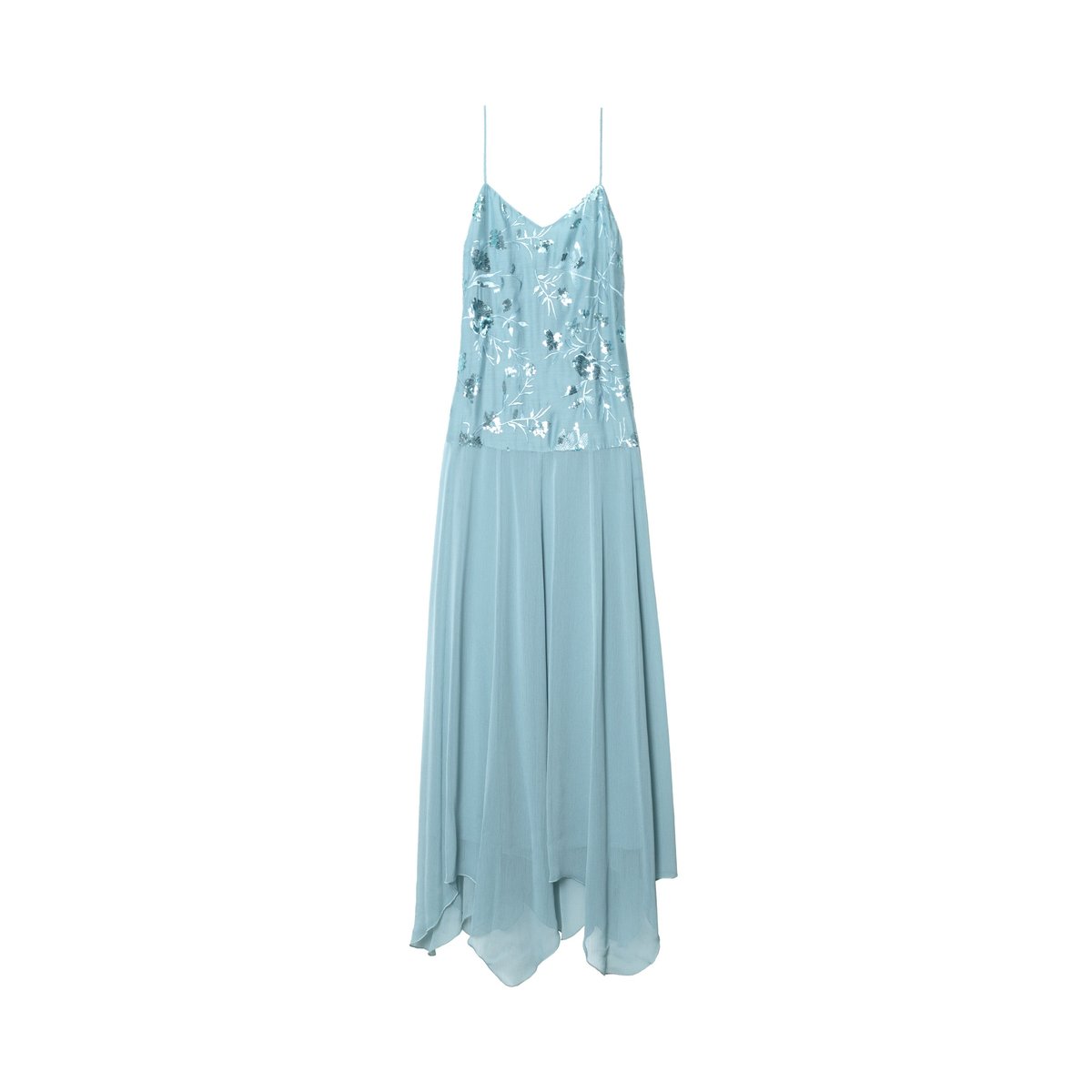 Robe longue en mousseline brodée à fleurs et sequins bleu, THE-ARE