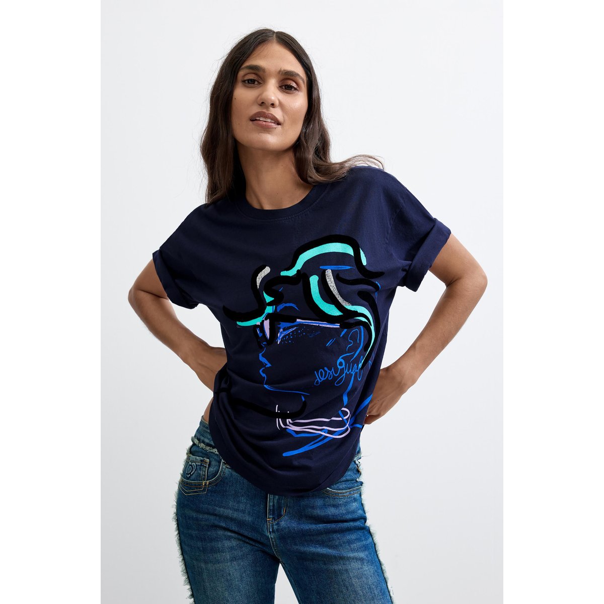 T-shirt imprimé 100 % coton bleu, DESIGUAL
