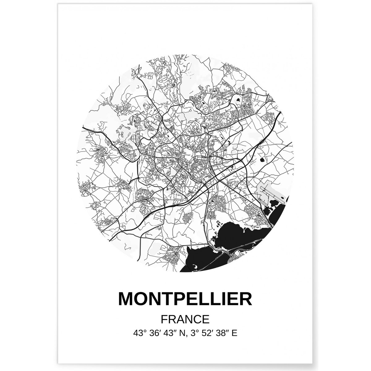 Affiche Carte Montpellier blanc, L'AFFICHERIE