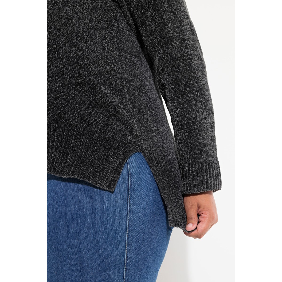 Sweat-shirt en maille chenille gris graphite, ULLA POPKEN