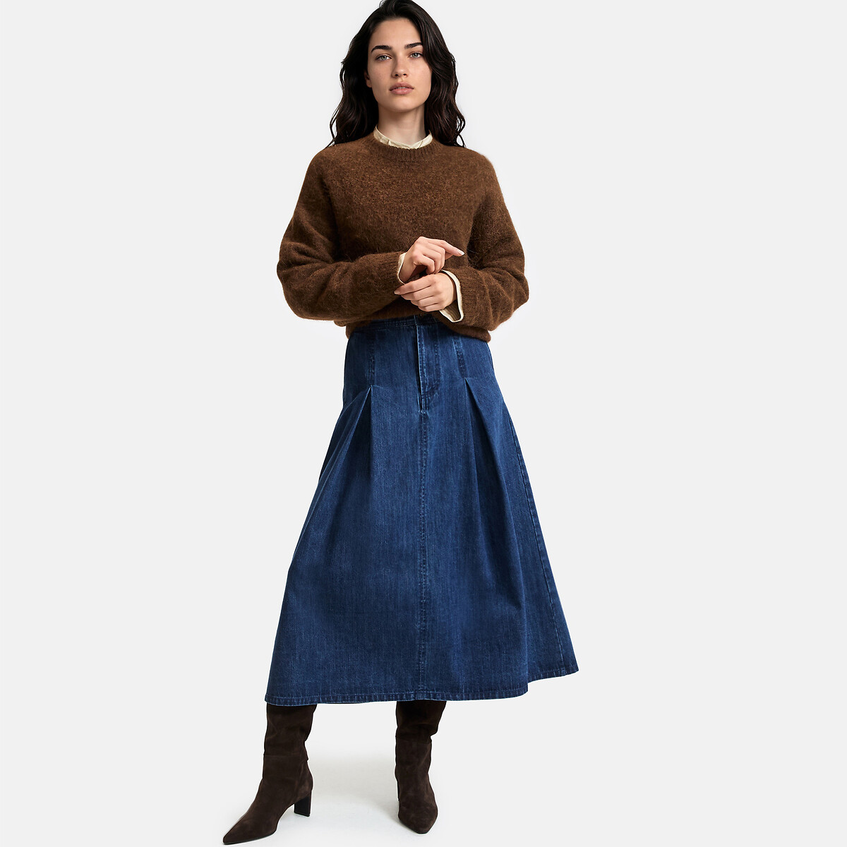 Jupe midi en jean évasée à plis bleu brut, LA REDOUTE COLLECTIONS