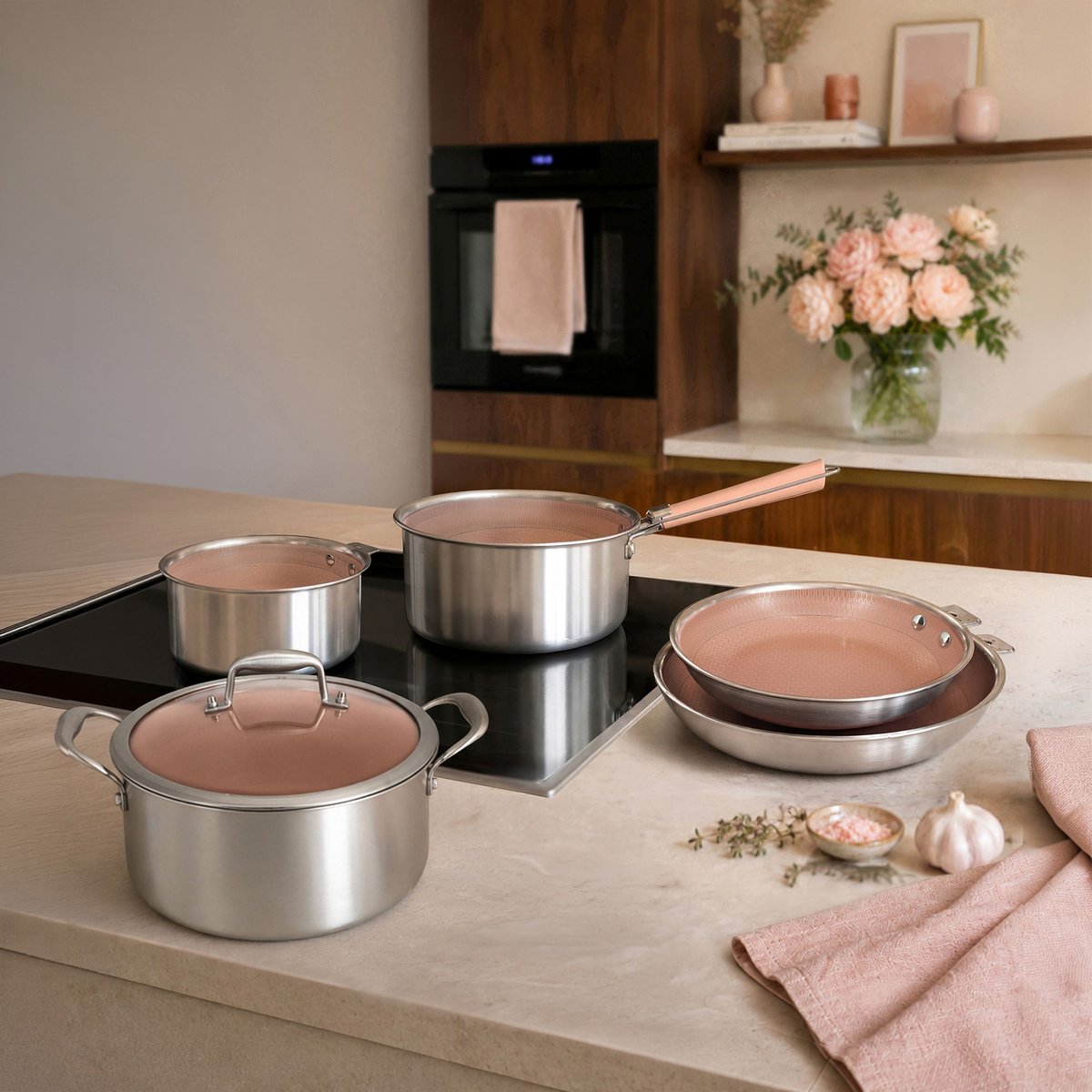 Batterie de cuisine 5 pièces en acier inoxydable avec 1 poignée, AGLAE inox-rose, MENASTYL