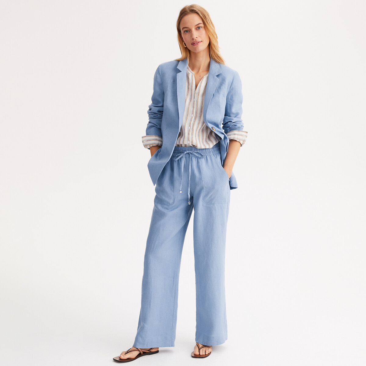Linen Wide Leg Trousers with Elasticated Waistband grey-blue, ANNE WEYBURN