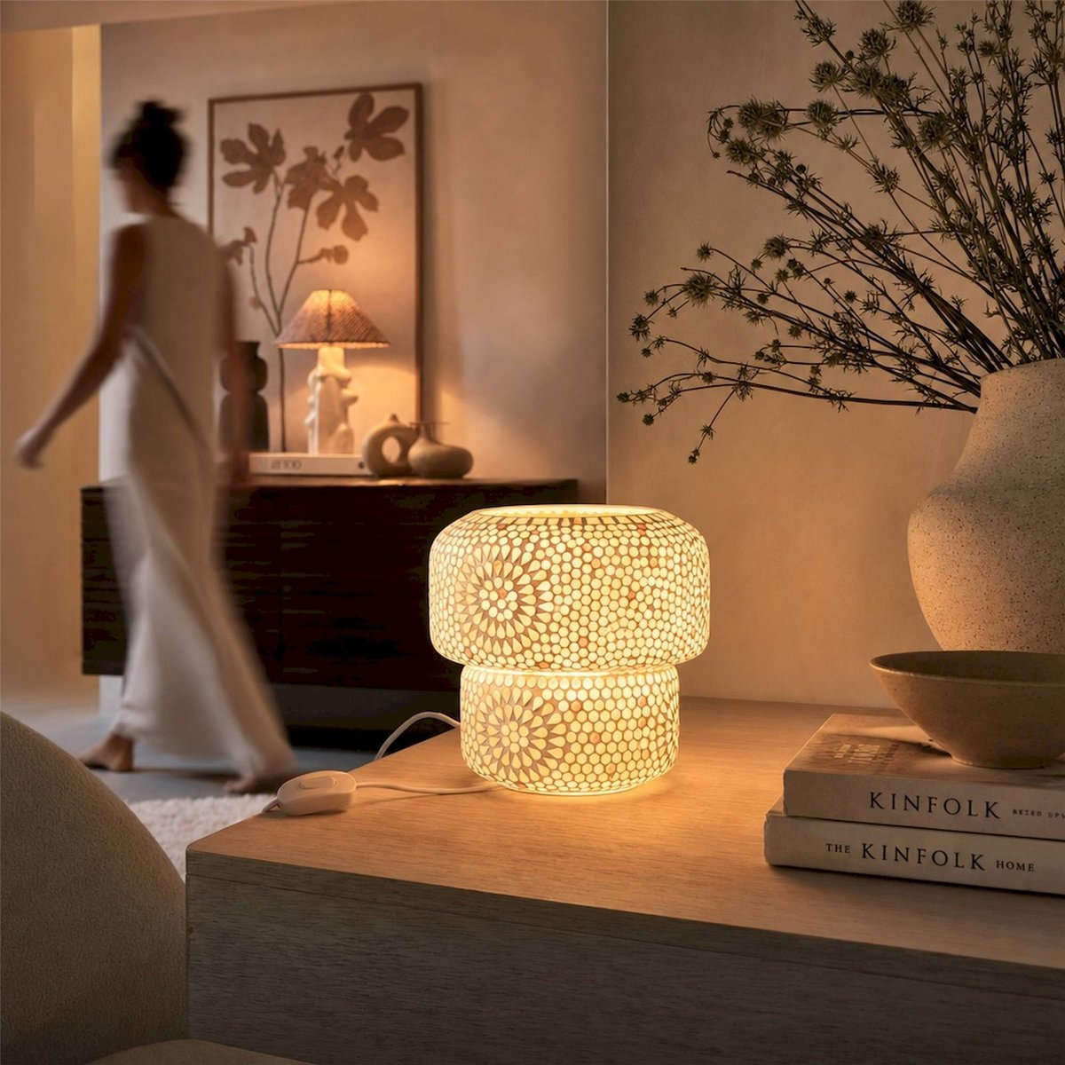 Lampe de table mosaïque en verre beige et blanc, RECOLLECTION