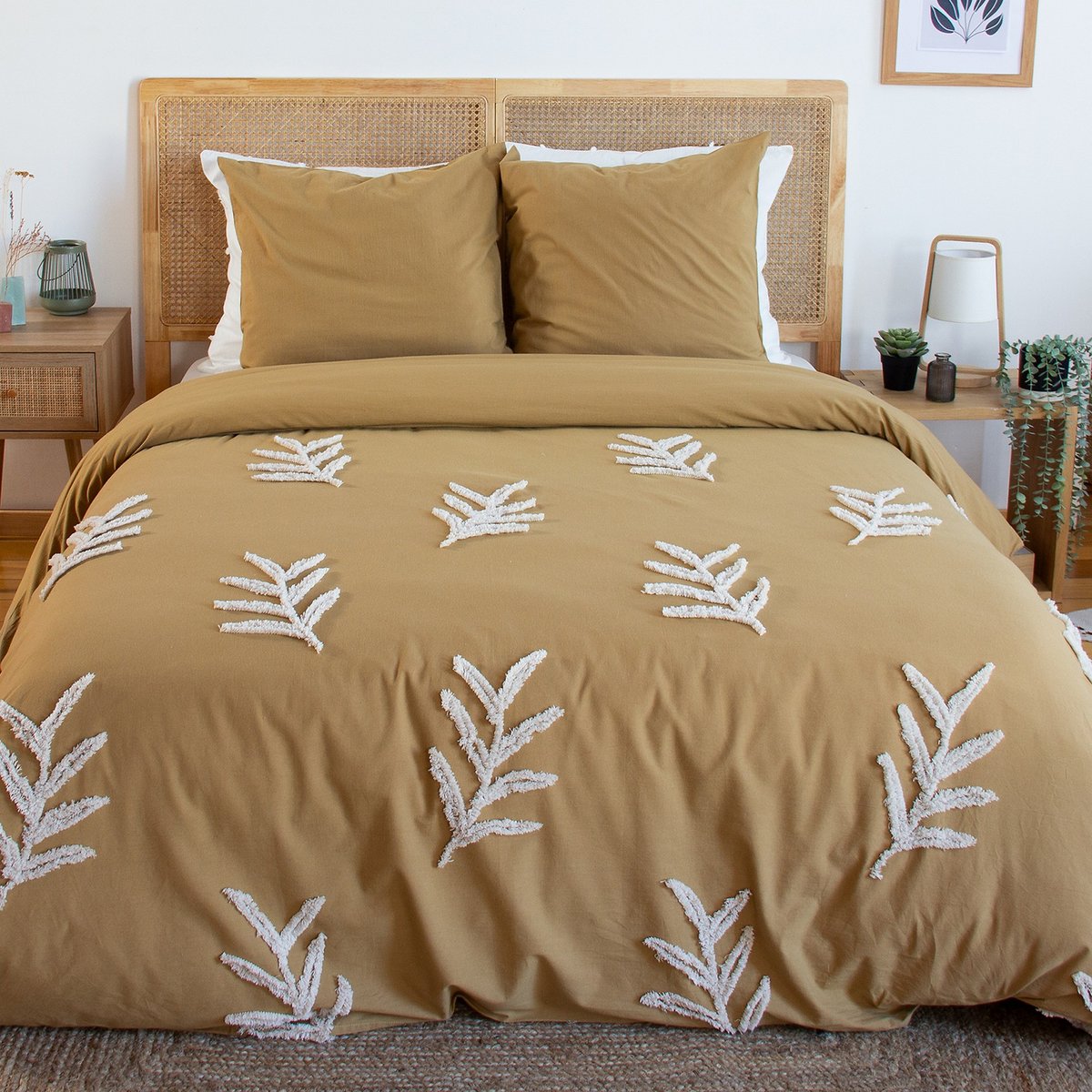 Parure de lit - housse de couette avec taies en coton tufté beige, EDEN