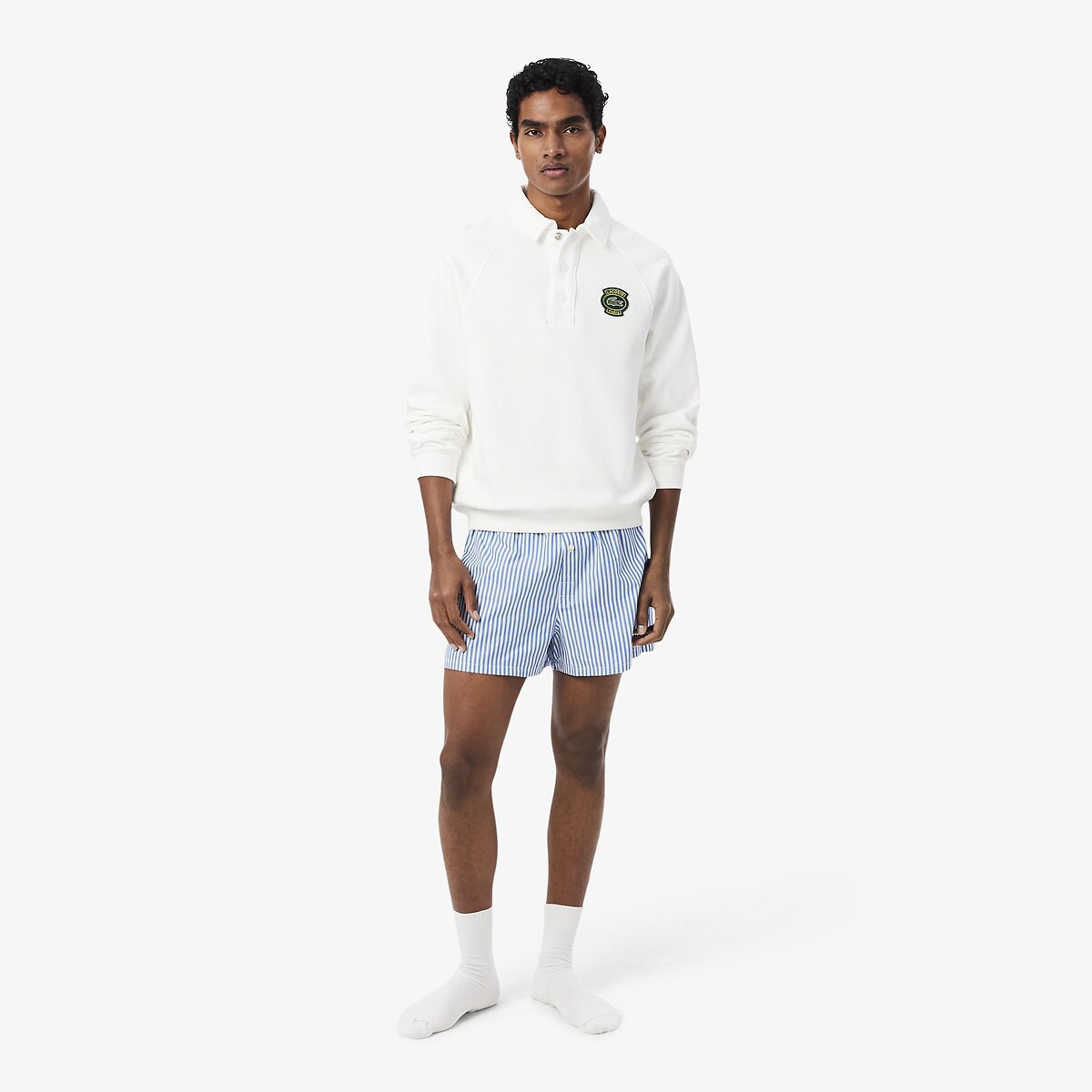 Lot de 3 caleçons en coton 2 unis + 1 imprimé rayures marine + bleu + bleu rayé, LACOSTE