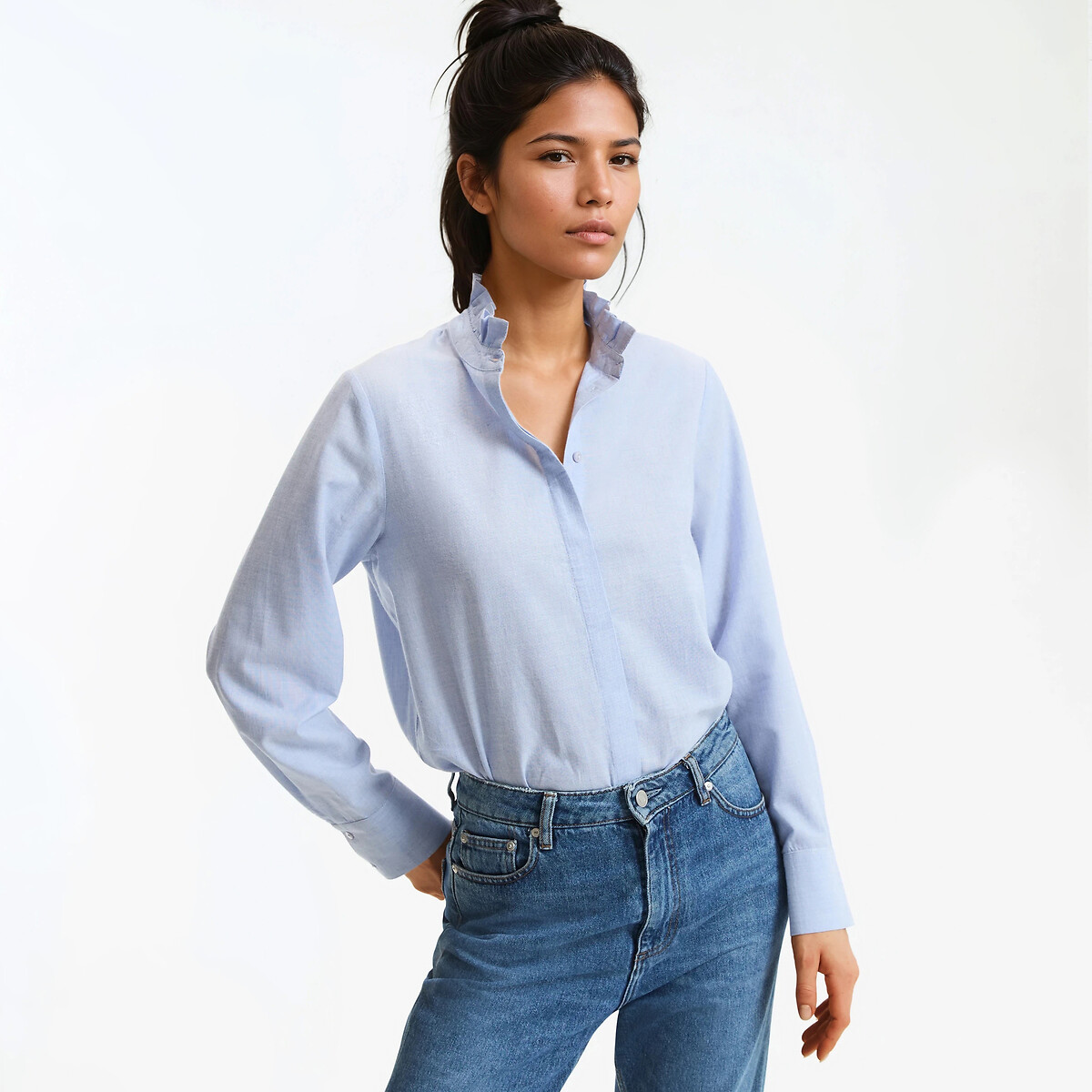 Chemise col montant volanté, manches longues bleu ciel, LA REDOUTE COLLECTIONS
