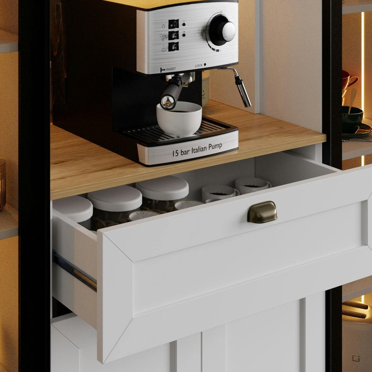 Vaisselier de cuisine à LED 6 portes décor blanc et noir AURA blanc, PIER IMPORT