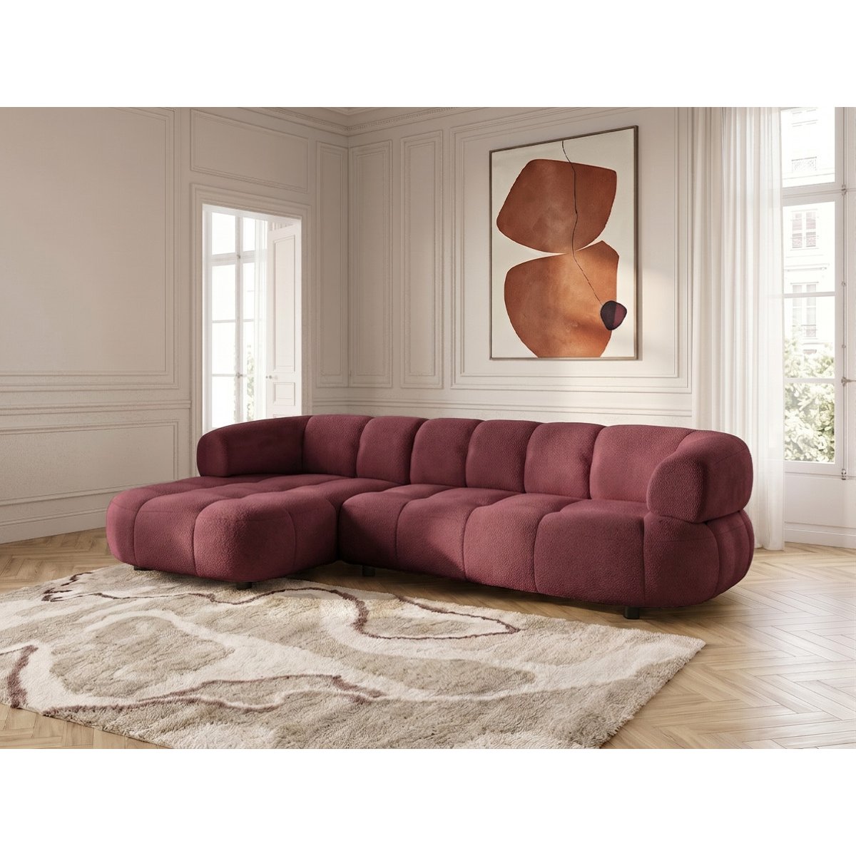 Canapé d'angle convertible 3 places en tissu lisse, LOVELY rouge, BOBOCHIC