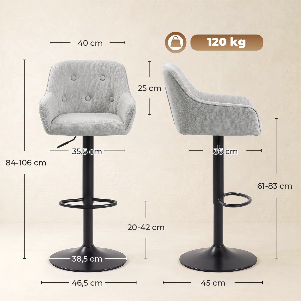 Tabouret de bar Chenille (100 % polyester) gris, noir, HOMCOM